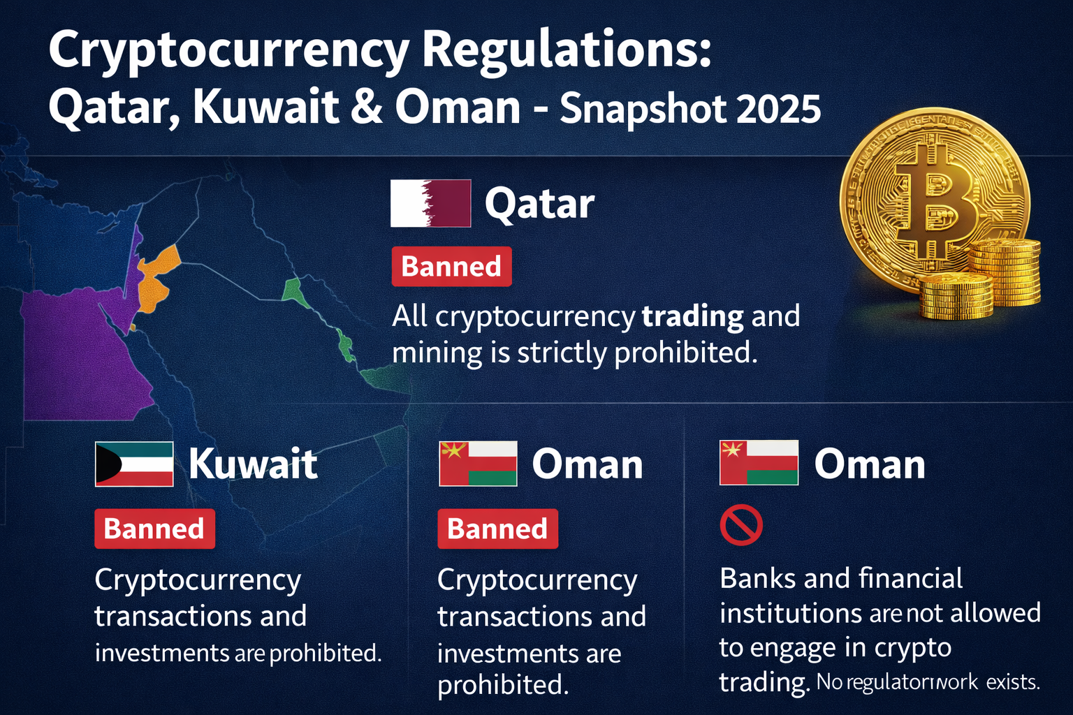 Snapshot of cryptocurrency regulations in Qatar, Kuwait and Oman for US, UK and EU investors
