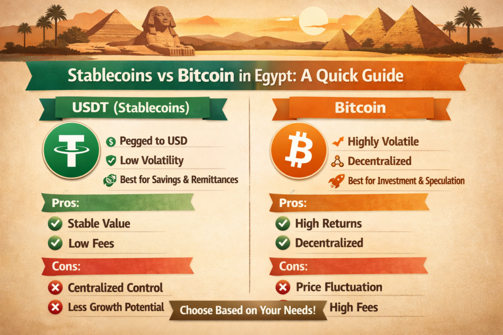 How to Buy Bitcoin in Egypt Without Bank (Safe Guide) 2 Comparison of USDT stablecoins and Bitcoin for Egyptian crypto users