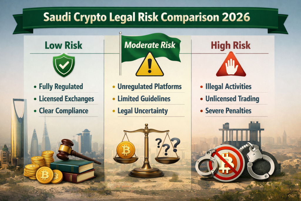 Diagram comparing Saudi crypto warnings with Bahrain and UAE regulation