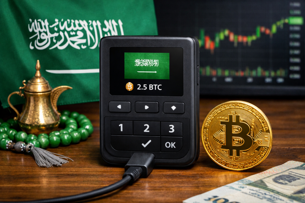Hardware wallet and mobile phone showing secure bitcoin wallet for Saudi users