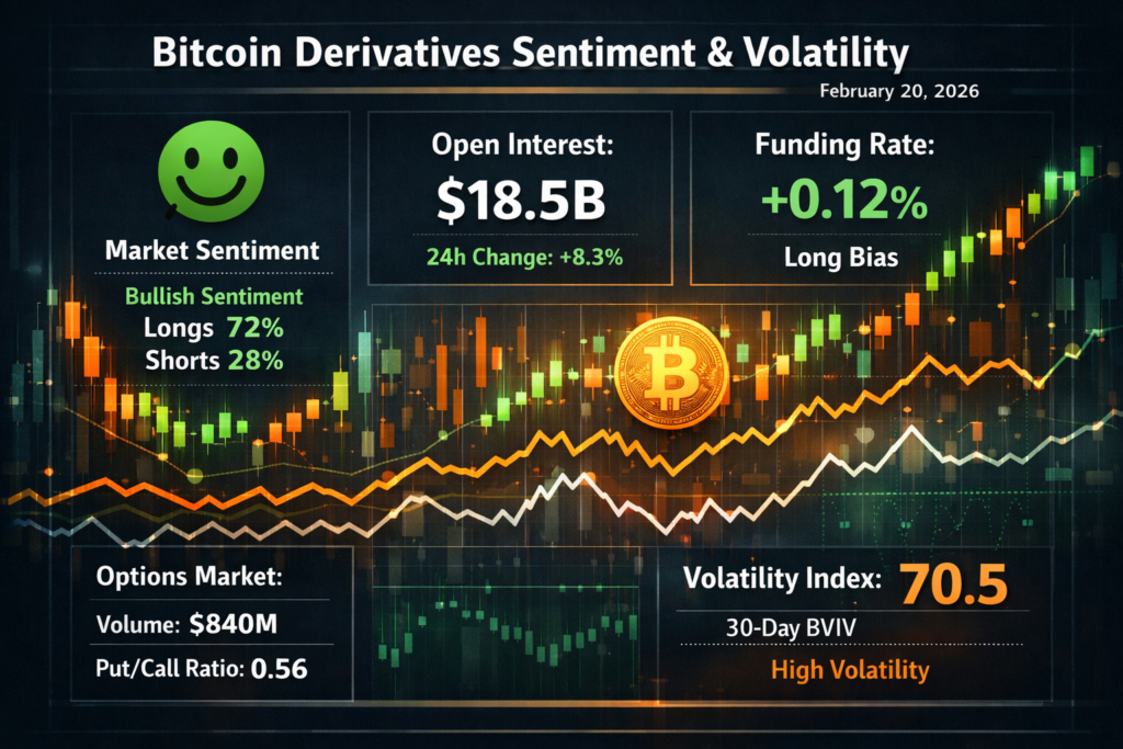 Bitcoin (BTC) Weekly Update Price Analysis This Week & Key Levels After the February Crash (Feb 20, 2026) 4 “Visual representation of Bitcoin derivatives and sentiment with volatility cooling after crash in weekly update”