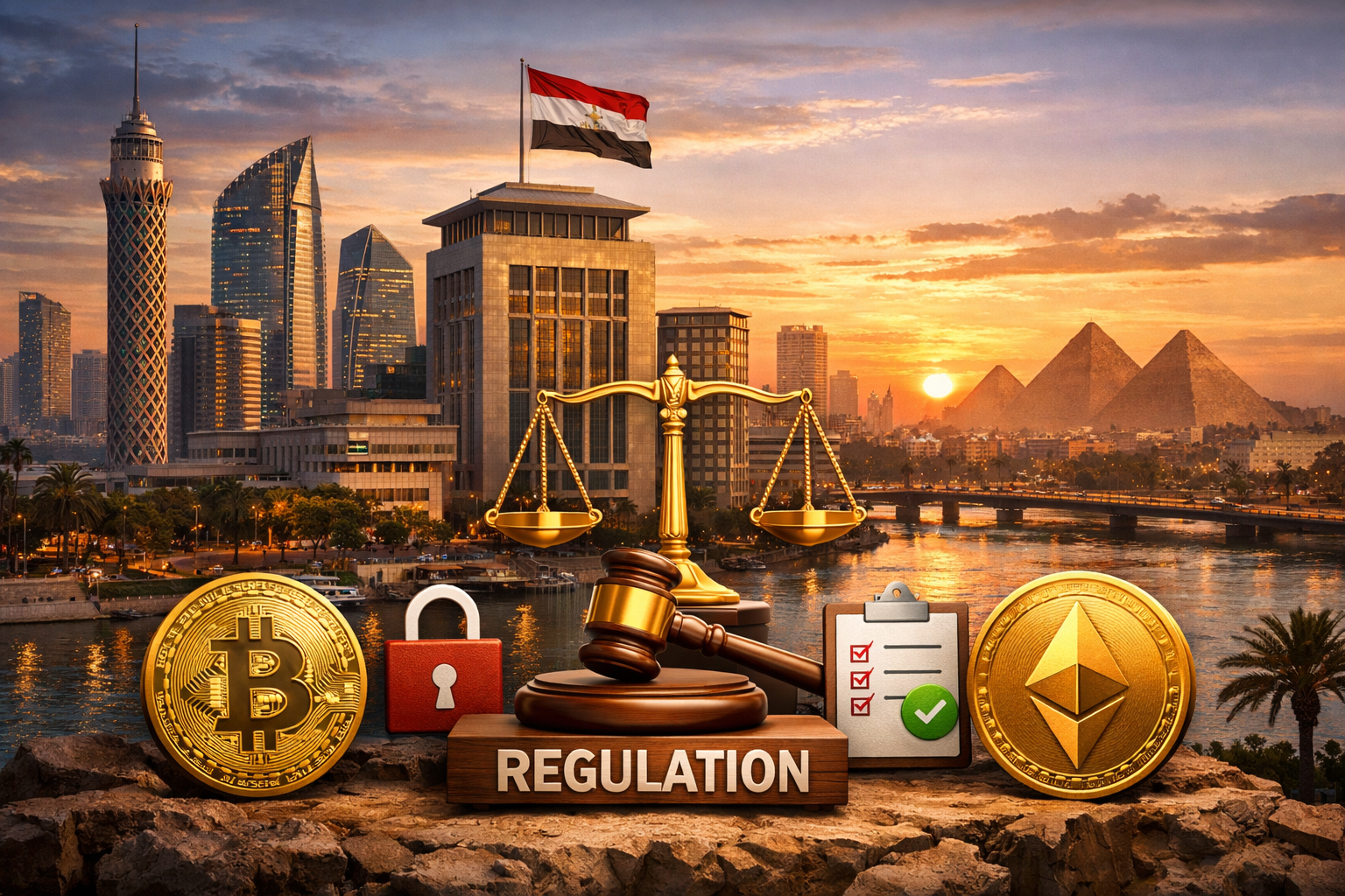 Cairo financial district skyline illustrating cryptocurrency regulation in Egypt for 2026 compliance.