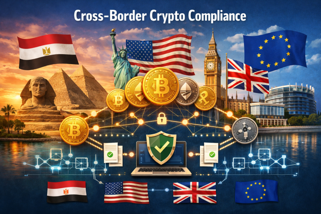 Cross-border crypto compliance map connecting Egypt with US, UK and EU financial hubs.
