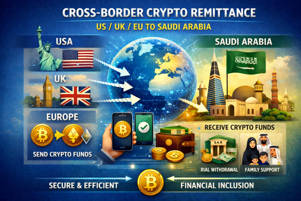 Illustration of US, UK and EU users sending crypto to Saudi Arabia wallets