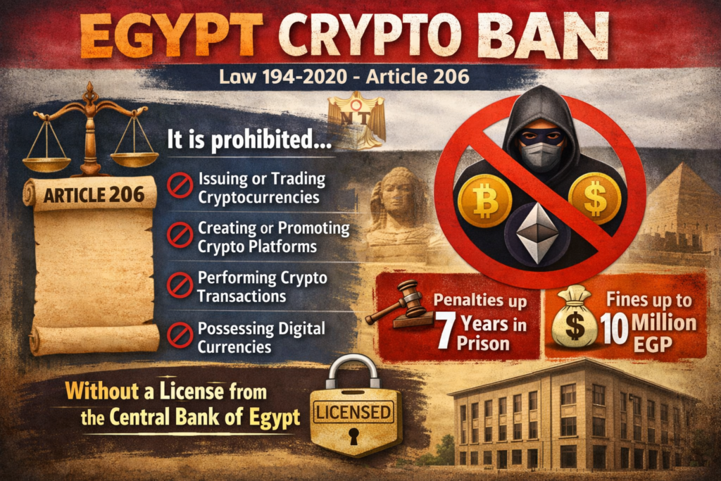 Diagram explaining Law No. 194 of 2020 and Article 206 on cryptocurrency regulation in Egypt.