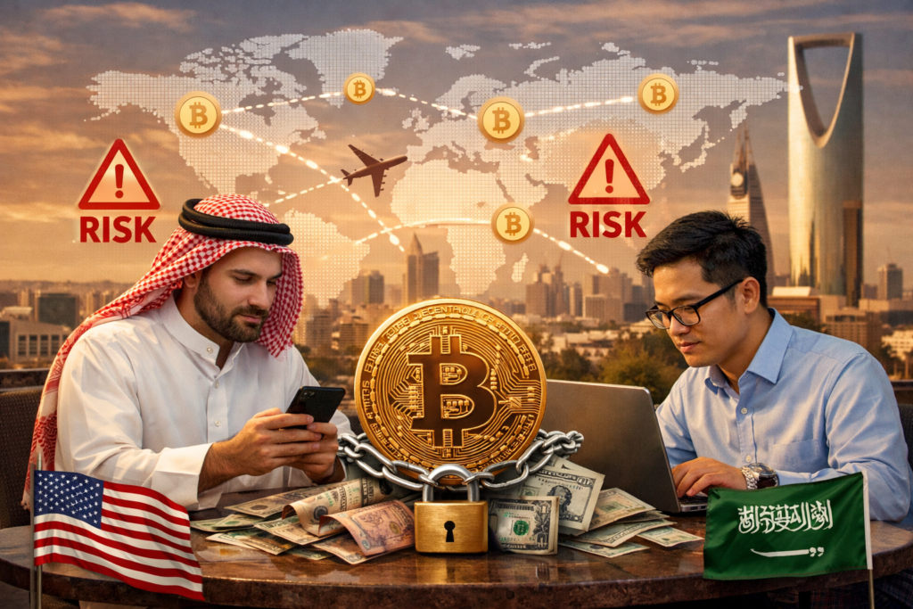 Bitcoin’s Legal Status in Saudi Arabia: Banks, Bans and Grey Areas 3 Expats in Saudi Arabia checking Bitcoin prices and cross-border compliance risks