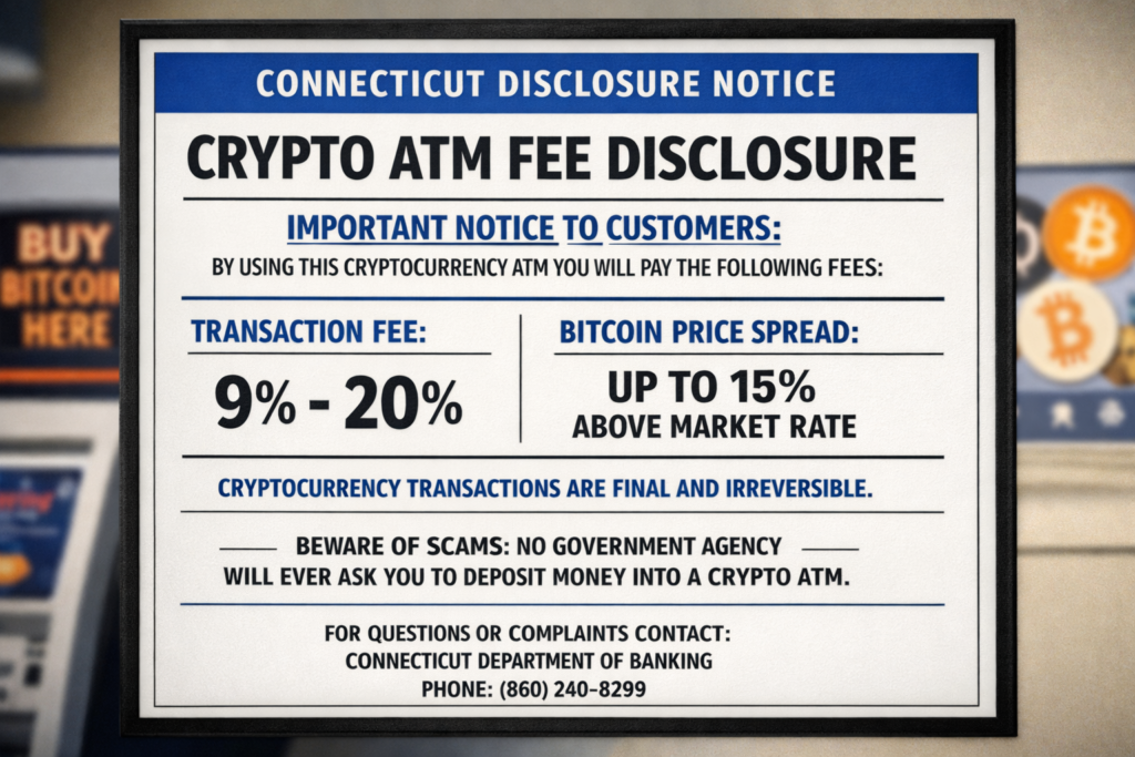 Fee disclosure screen on a crypto ATM in Connecticut