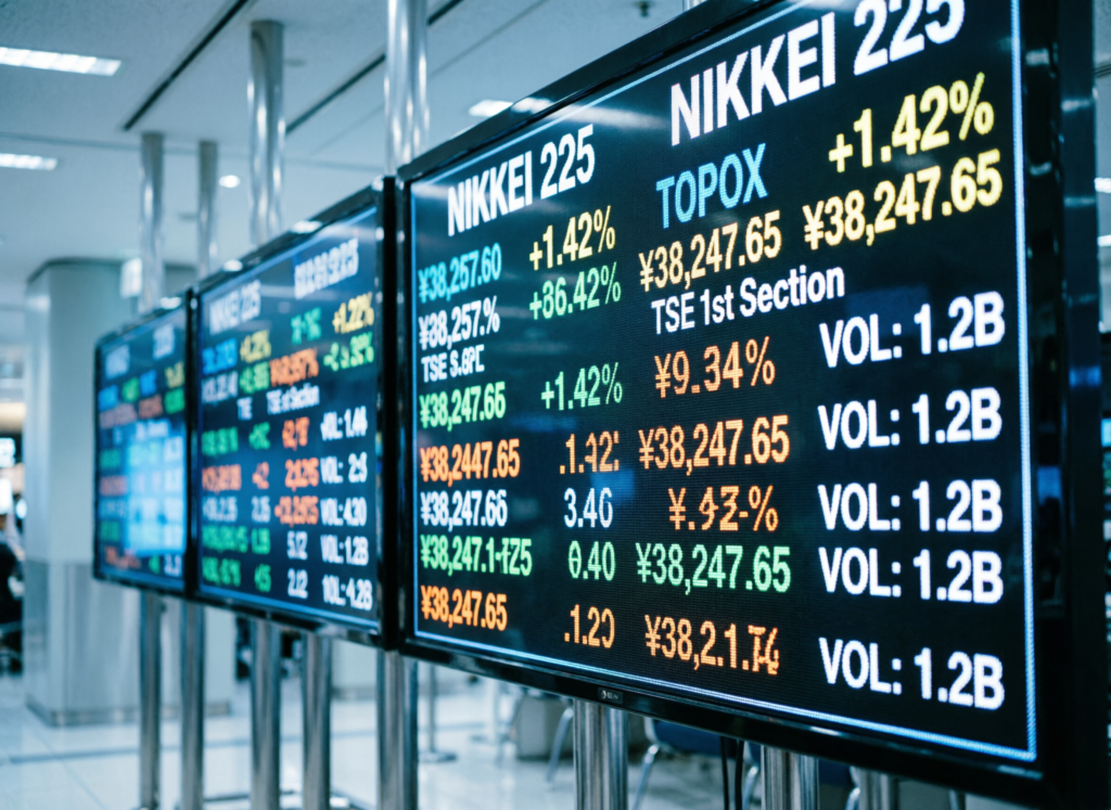 Tokyo market boards showing broad declines during risk-off session