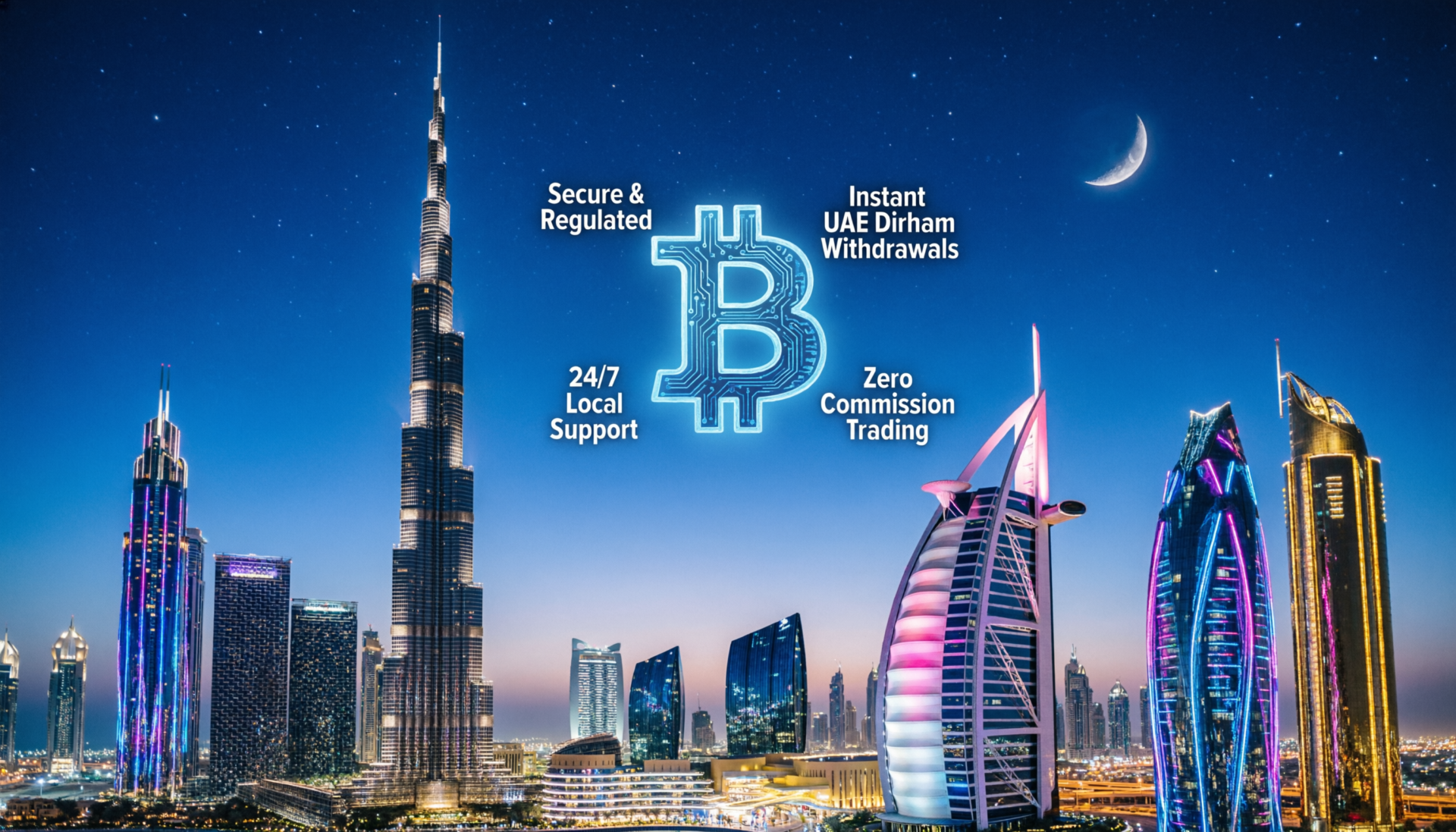 Dubai skyline with digital currency icons illustrating best crypto app UAE in 2026