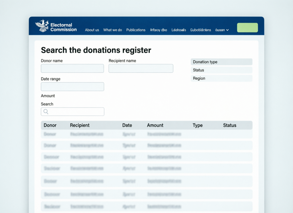 Screenshot-style illustration of the UK Electoral Commission donations database search