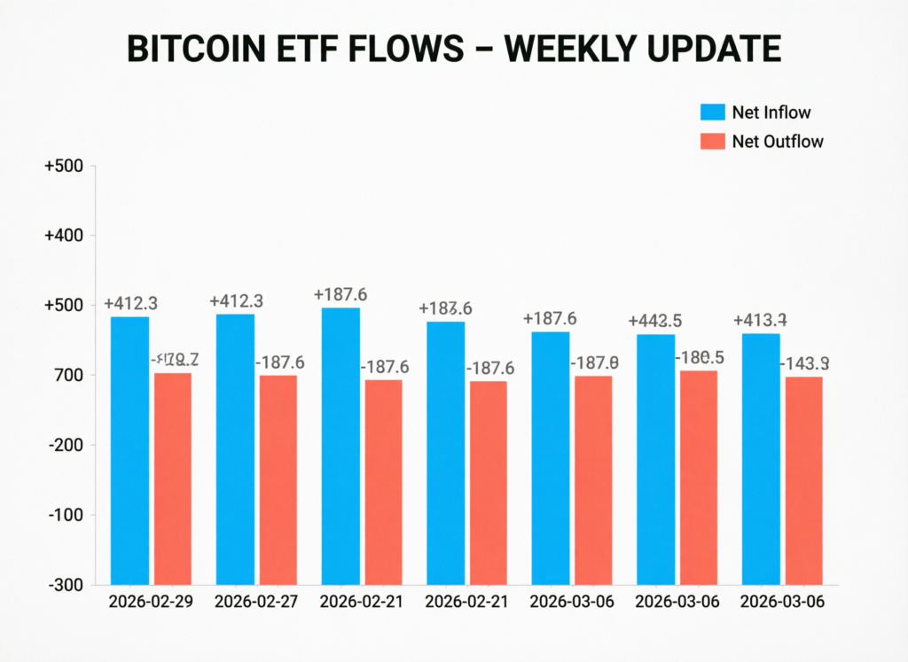 “Conceptual Bitcoin ETF flows visual with institutions buying the dip in this week’s BTC market update”