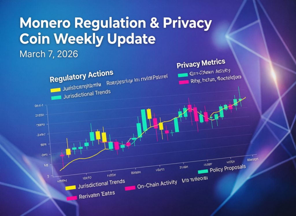 “Abstract concept image of Monero and privacy coin regulation with government buildings and warning symbols”