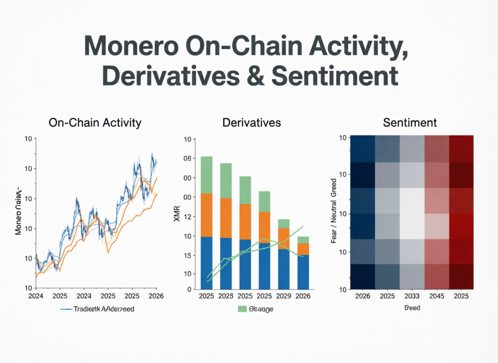 “Illustration of Monero on-chain activity and derivatives sentiment with network nodes and futures charts”