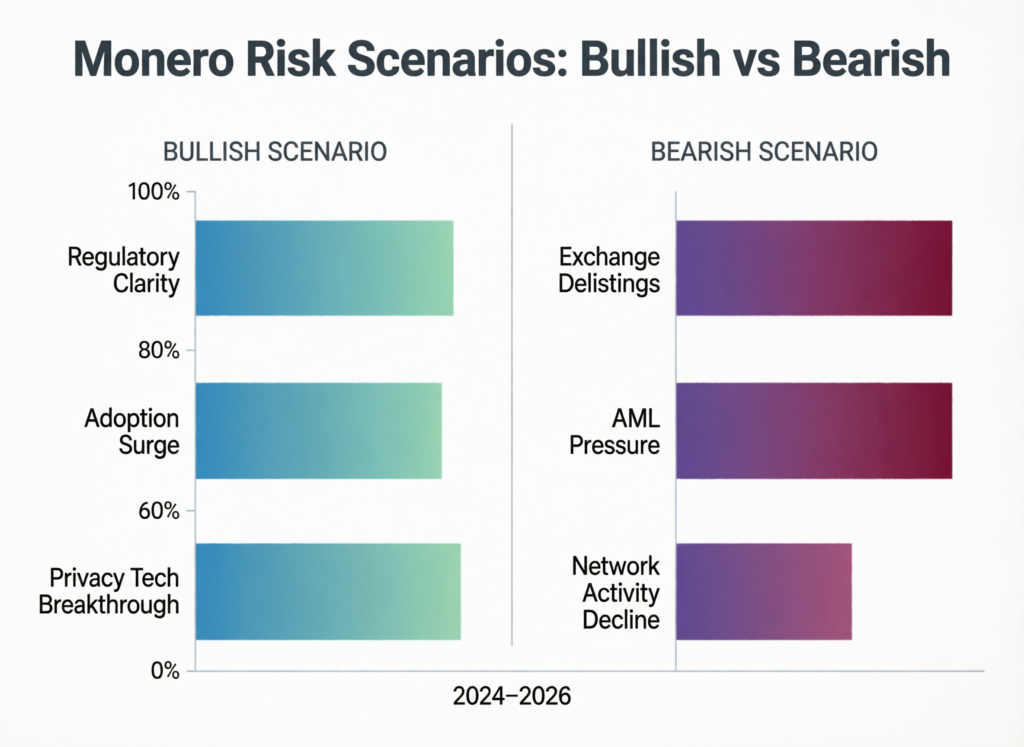 “Monero weekly update risk scenarios with bullish and bearish paths illustrated as diverging roads”