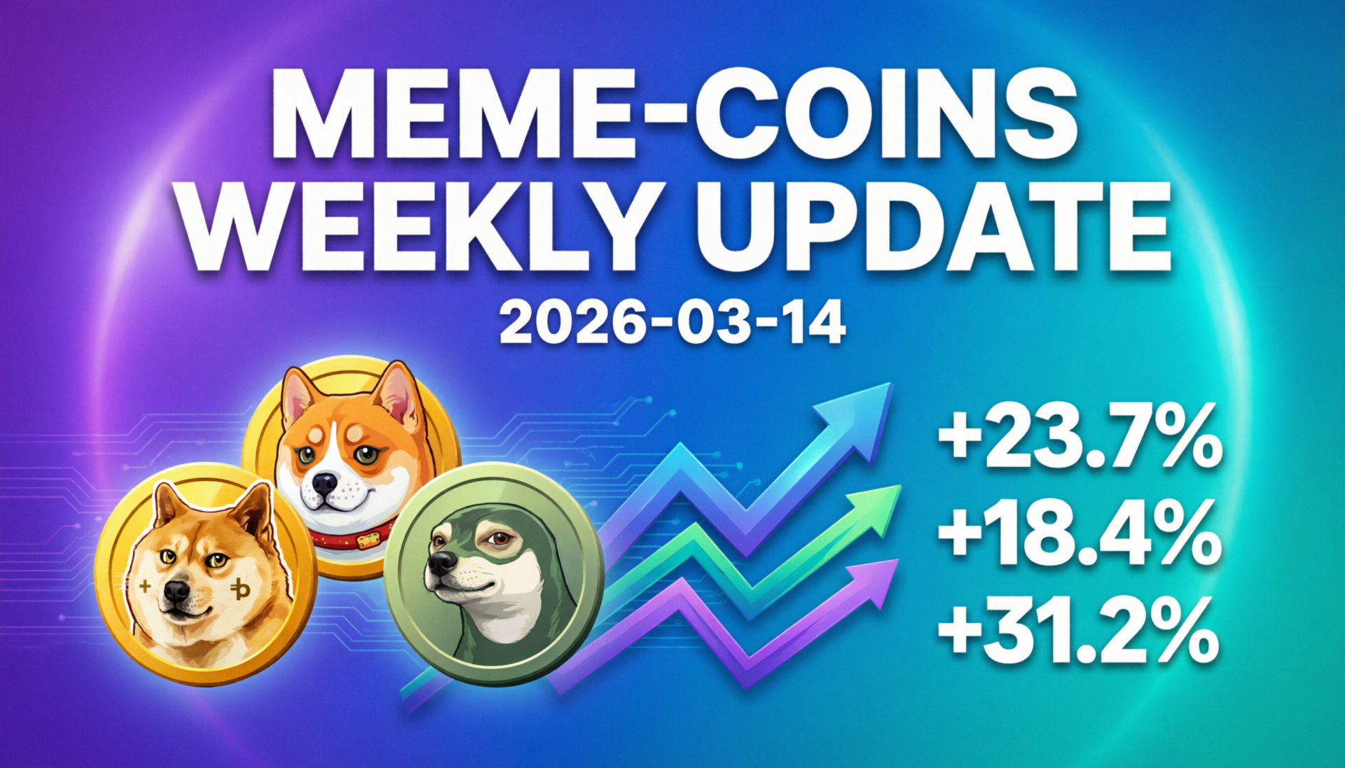 : Meme coins weekly update showing Dogecoin, Shiba Inu, Pepe and TRUMP market mood in March 2026