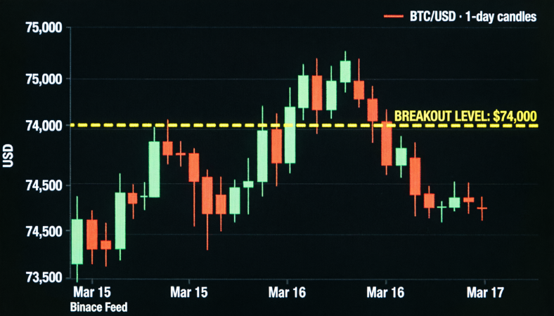 bitcoin $74,000 breakout chart showing BTC trading near resistance on March 16, 2026