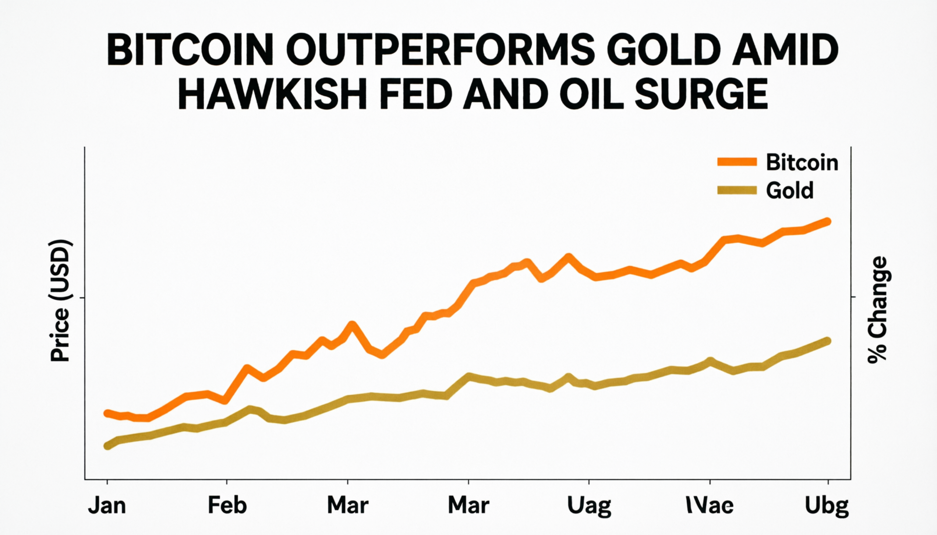 Bitcoin outperforms gold amid hawkish Fed and oil surge in a comparative price chart