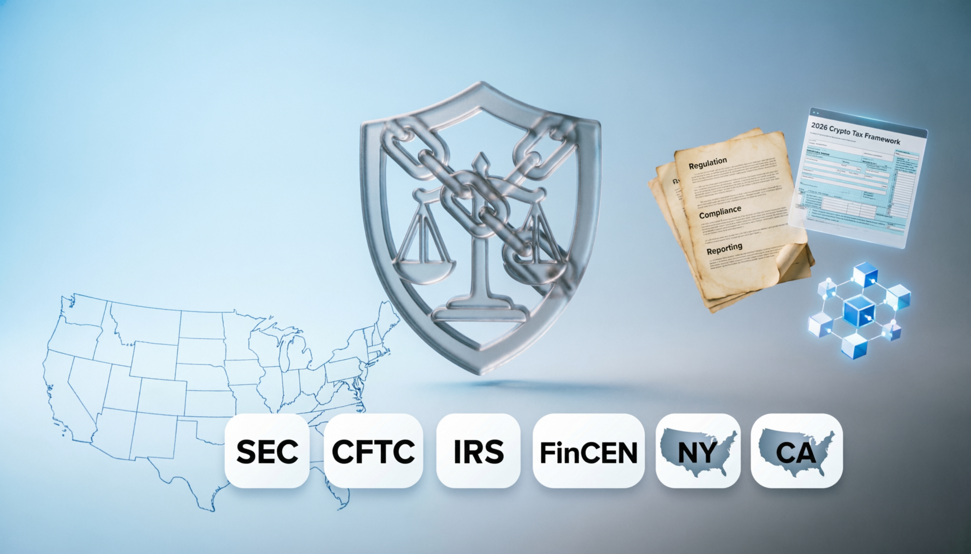 Hero image for U.S. crypto laws in 2026 showing regulators, compliance, and digital asset rules