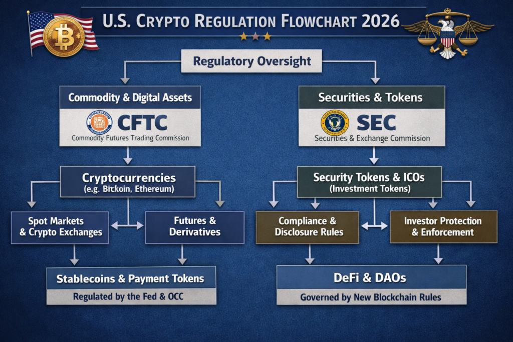 Flowchart showing how U.S. crypto laws in 2026 connect securities, tax, AML, and state licensing rules