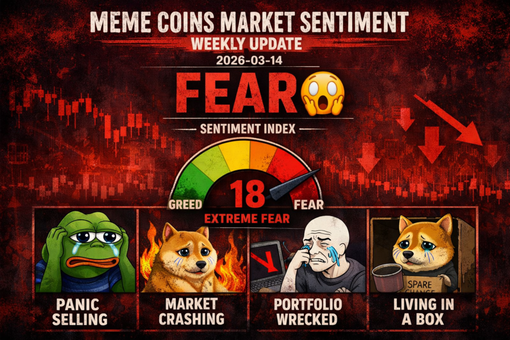 Meme coins market sentiment weekly update showing cautious fear-driven trading environment