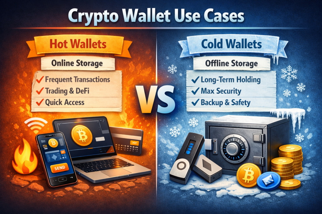 Hot wallet vs cold wallet use cases for trading, DeFi, and long-term Bitcoin storage