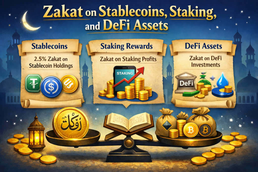 Visual explaining zakat on stablecoins, staking rewards and DeFi assets
