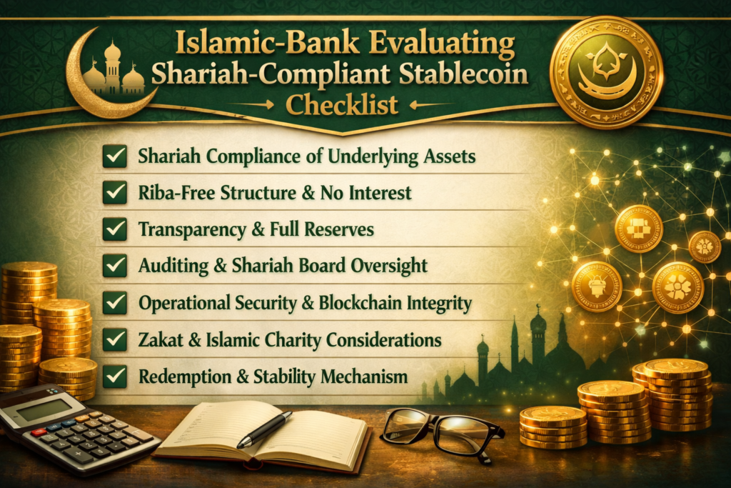 Islamic bank team reviewing a Shariah compliant stablecoin checklist