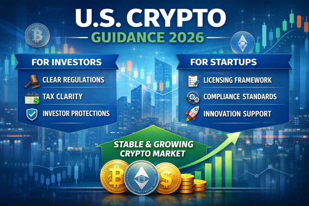 Editorial illustration showing U.S. crypto law guidance in 2026 for investors and startups