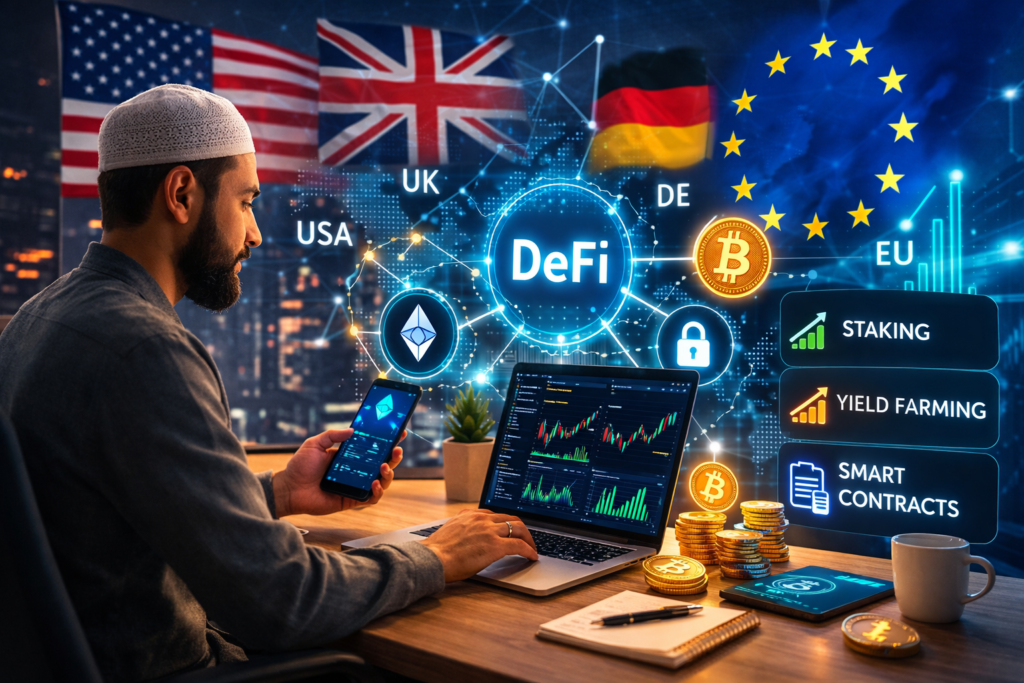 Muslim investor researching halal DeFi options in US, UK, Germany and EU