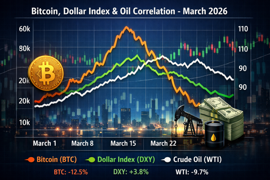Chart showing bitcoin, the Dollar Index and Brent crude on March 10, 2026
