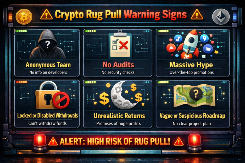 Crypto rug pull warning signs including unlocked liquidity and whale wallets