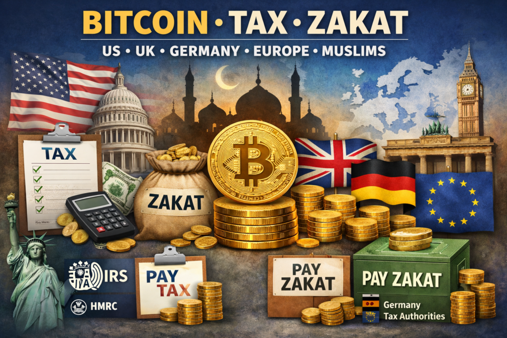 Illustration of bitcoin tax and zakat considerations for Muslims in the US, UK, Germany and Europe