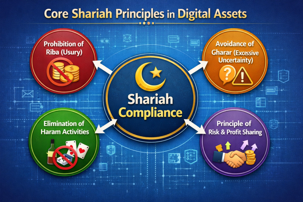 Diagram of core Shariah principles applied to digital assets and cryptocurrencies