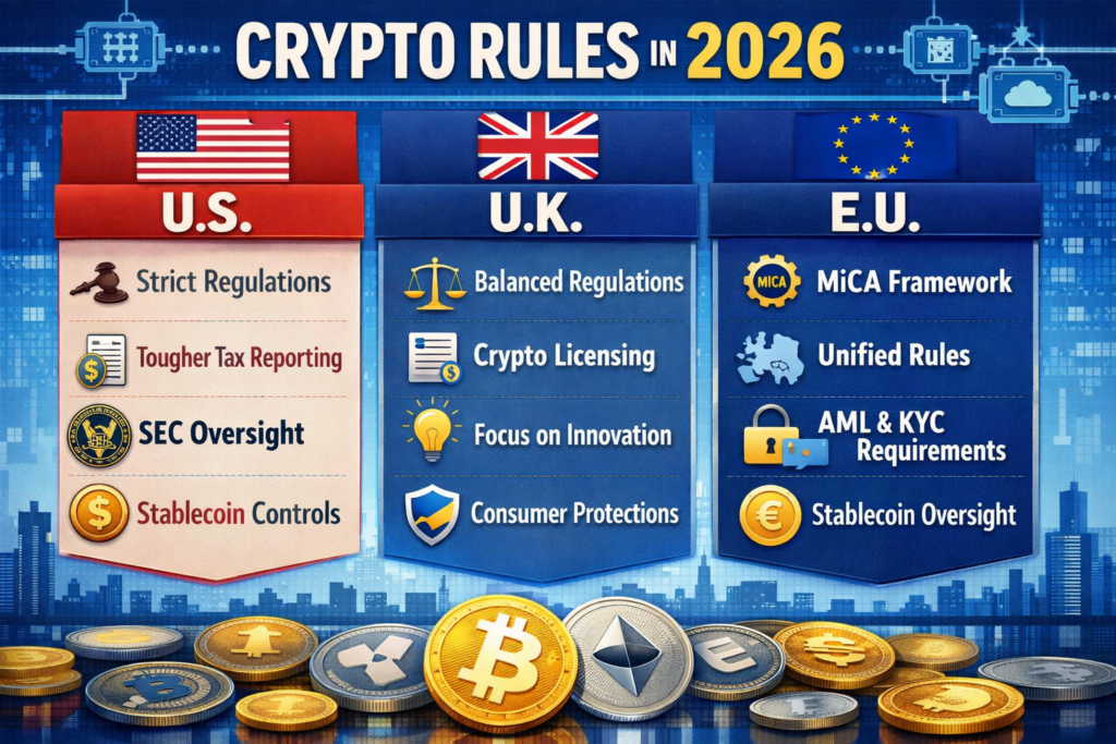 Comparison graphic of U.S., UK, EU, and Germany crypto rules in 2026