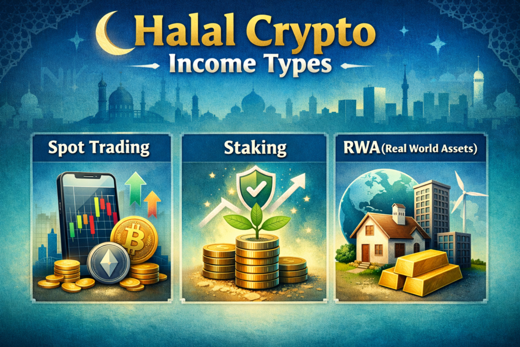 Halal crypto income types including spot trading, validator rewards and RWA tokens