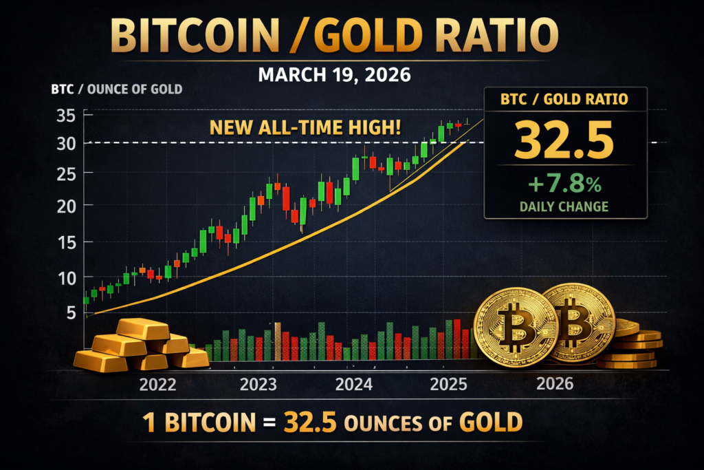 Bitcoin-to-gold ratio rising during a March 19, 2026 market sell-off
