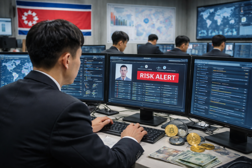 Compliance team screening remote-work payments and crypto exposure tied to DPRK risks