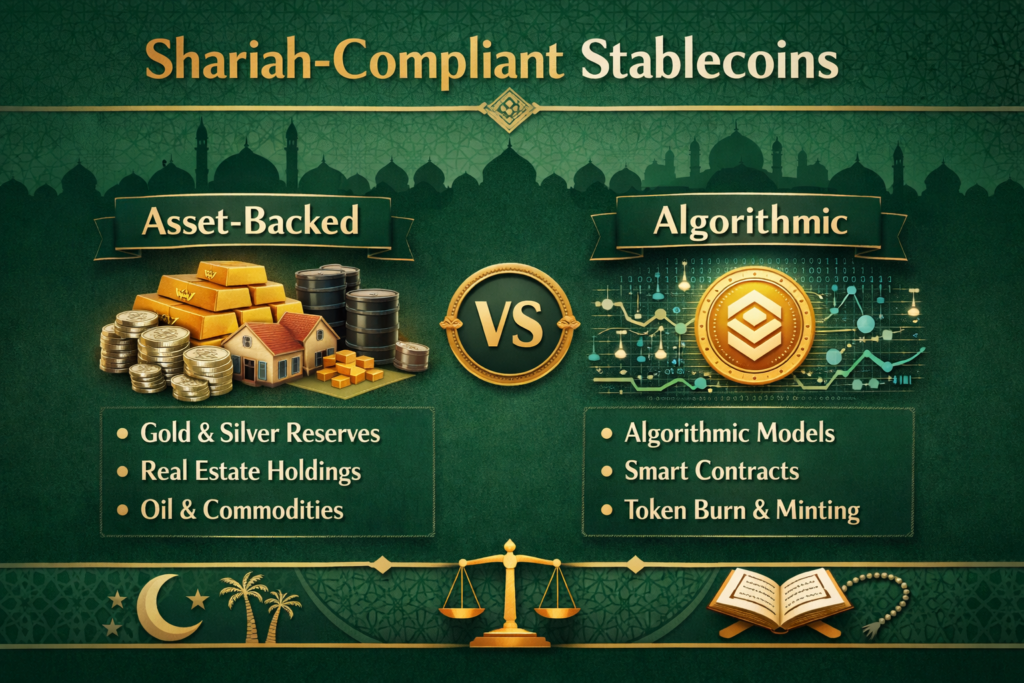 Comparison of asset-backed and algorithmic Shariah compliant stablecoins