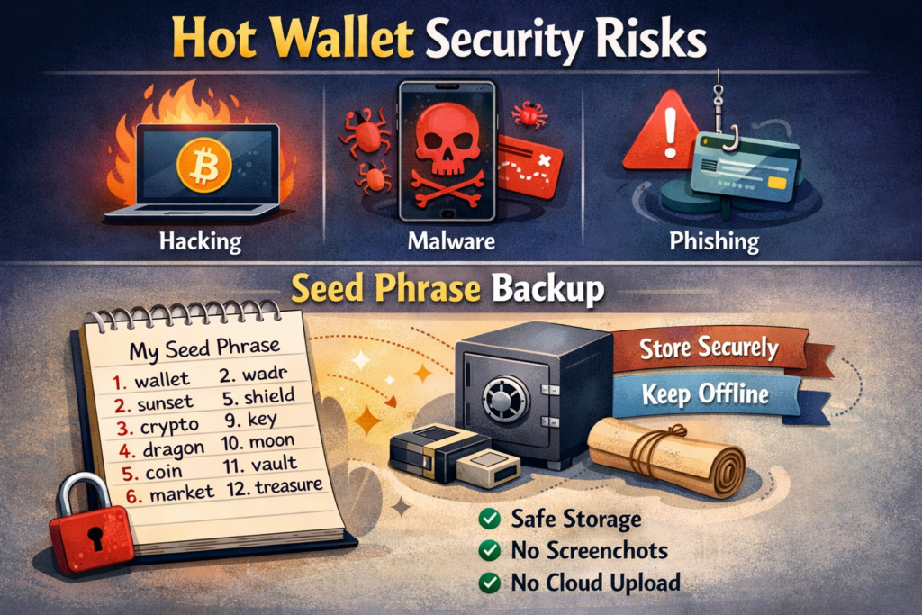 Hot wallet vs cold wallet security risks with seed phrase backup illustration