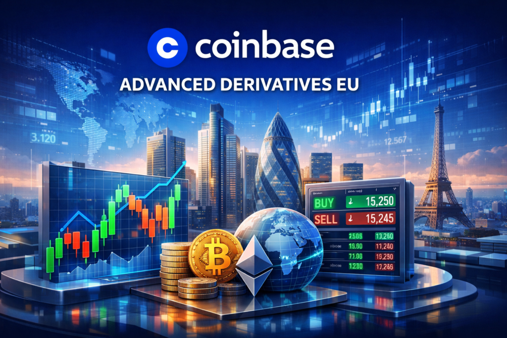 Trader reviewing regulated crypto derivatives on Coinbase in the EU