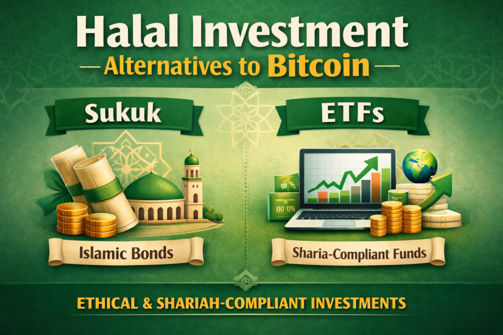 Visual comparison of halal investment alternatives to bitcoin such as sukuk, halal ETFs and equity funds