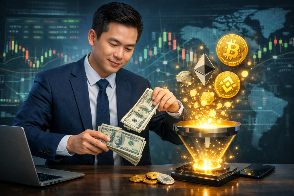 Graphic illustrating alleged crypto conversion flows in the Nguyen Quang Viet case