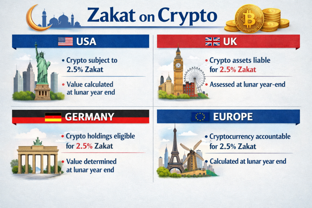 Comparison of zakat on cryptocurrency examples for US, UK and Germany