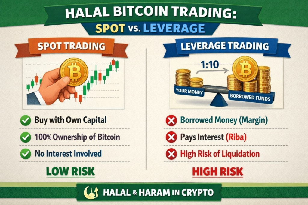 Diagram comparing halal spot bitcoin trading with haram leverage and futures