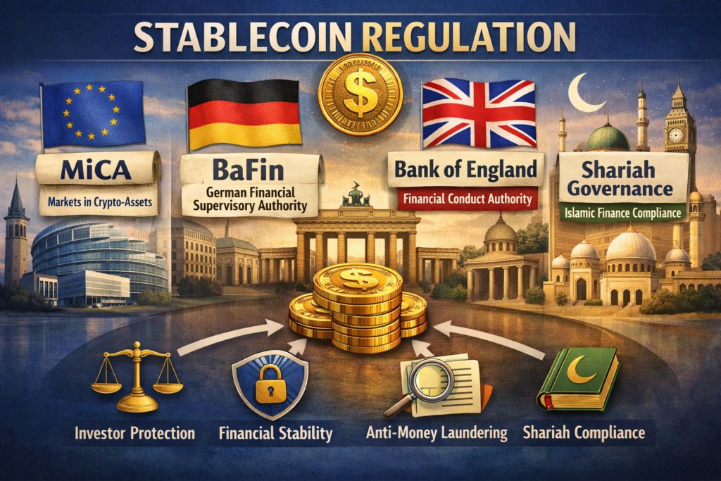 Visual of MiCA, BaFin and Bank of England regulation for Shariah compliant stablecoins