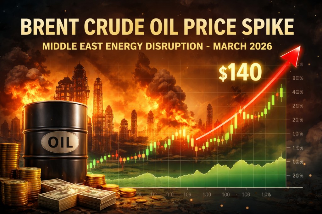 Brent crude oil price spike during Middle East energy disruption in March 2026
