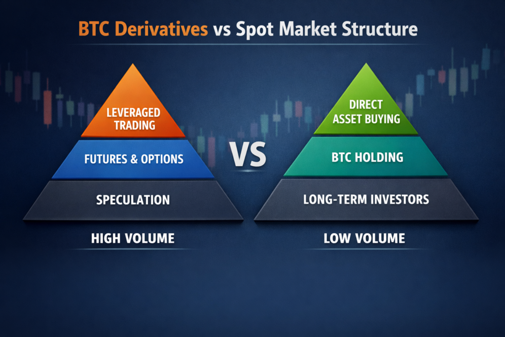 BTC market structure illustration showing derivatives dominance over spot