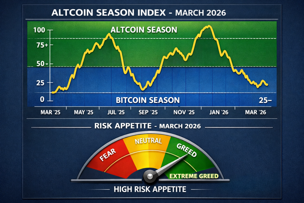 Altcoin season index graphic showing risk appetite holding near yearly highs