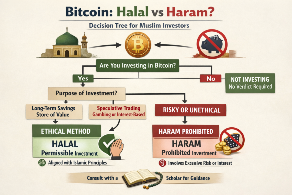 Decision tree showing when bitcoin may be halal, haram or doubtful for Muslim investors