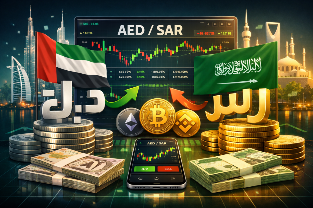 Best Crypto Exchanges for Arab Users (Safe & Halal) 2 : Dashboard showing AED and SAR trading pairs on crypto exchanges for Arab users in UAE and GCC